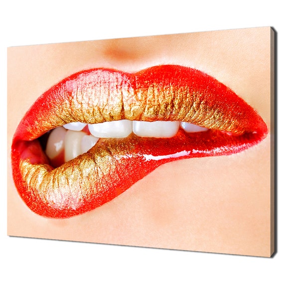 Red Gold Shiny Sexy Biting Lips Fashion Modern Design Home Decor Print Wall Art Picture