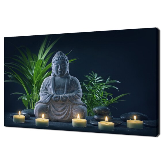 Stone Buddha Statue With Lit Candles Zen Spa Serene Meditation Wall Poster