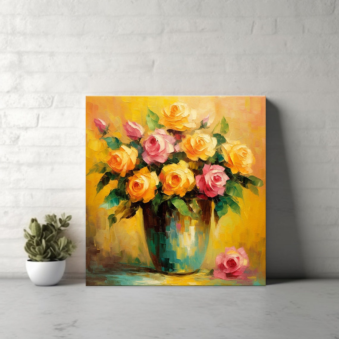 Yellow Pink Bouquet Of Roses Flowers Oil Painting Style Print Wall Art Modern Floral Design Home Decor Botanical Flowers Wall Art - Image 4