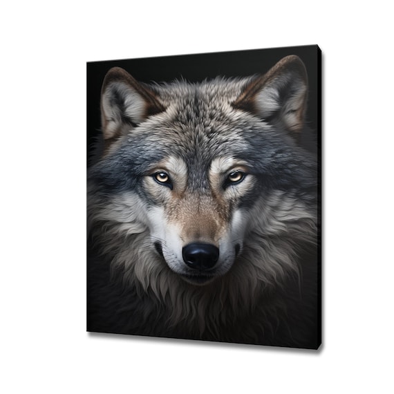 Grey Wolf Face Portrait On Black Background Dramatic Wildlife Art Print