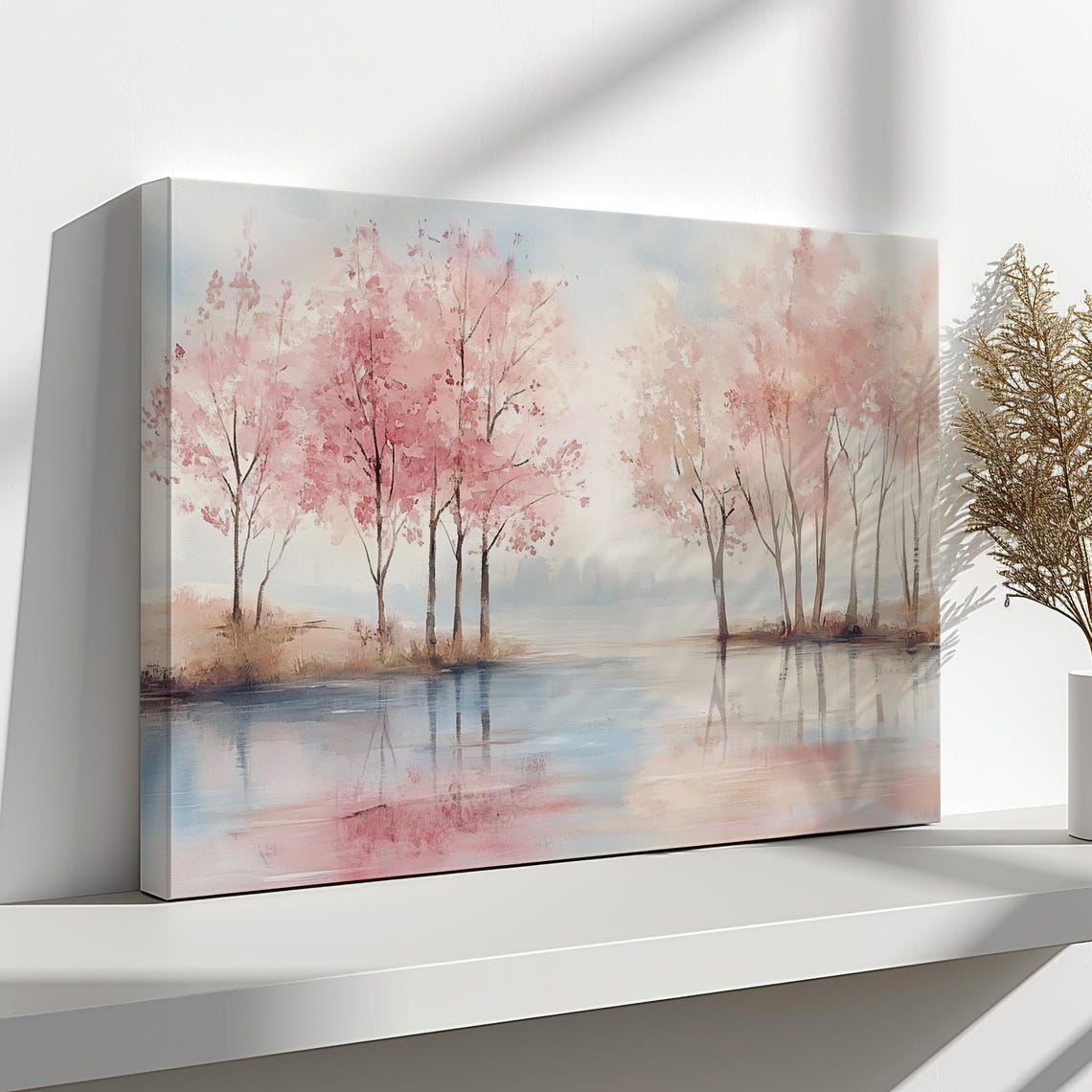 Pink Cherry Blossom Trees By Water Soft Watercolor Spring Print - Image 4