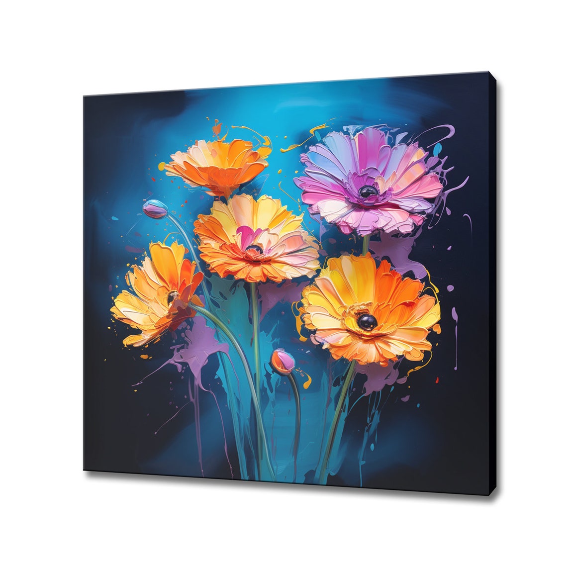 Orange Calendula Flowers Paint Splash Deep Blue Background Art Poster
