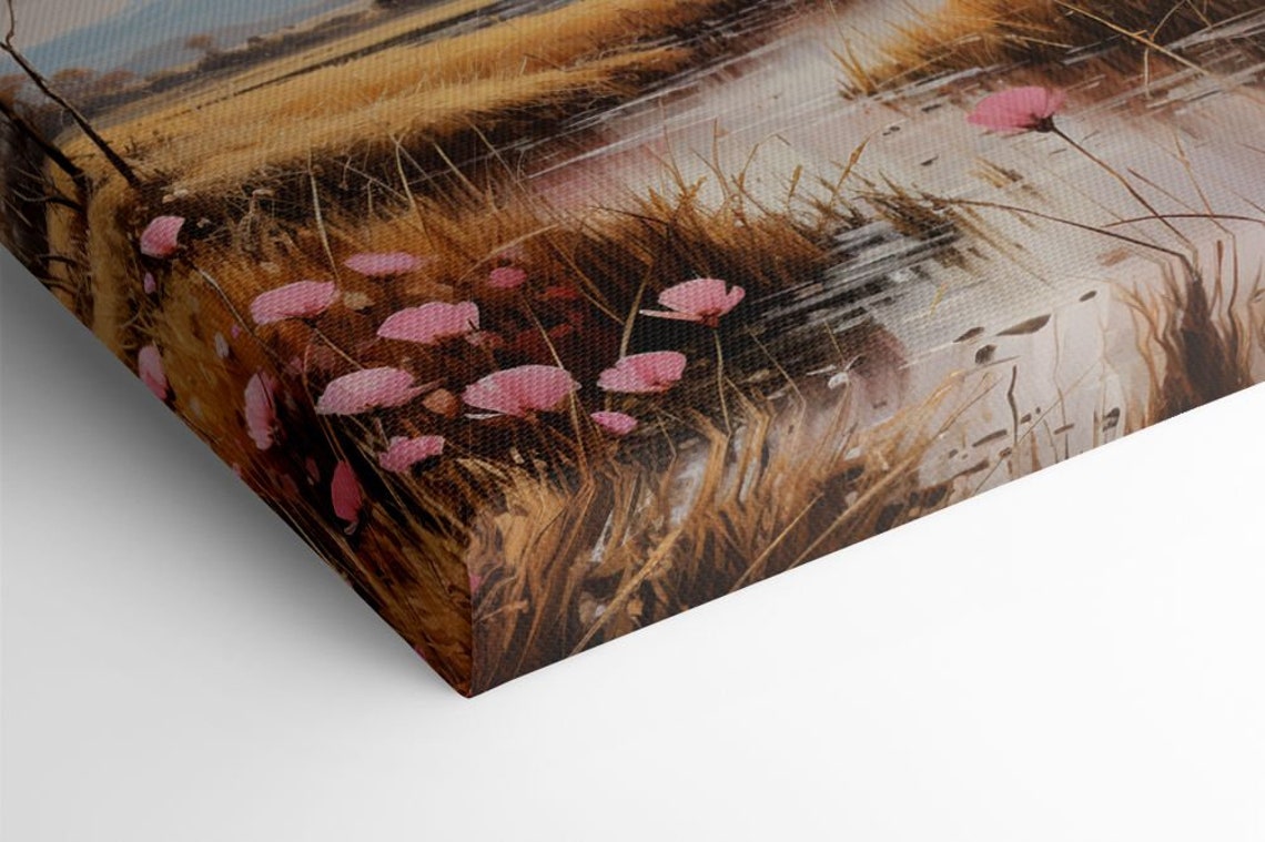 Pink Cosmos By Autumn River Golden Marsh Sunset Landscape Poster - Image 2