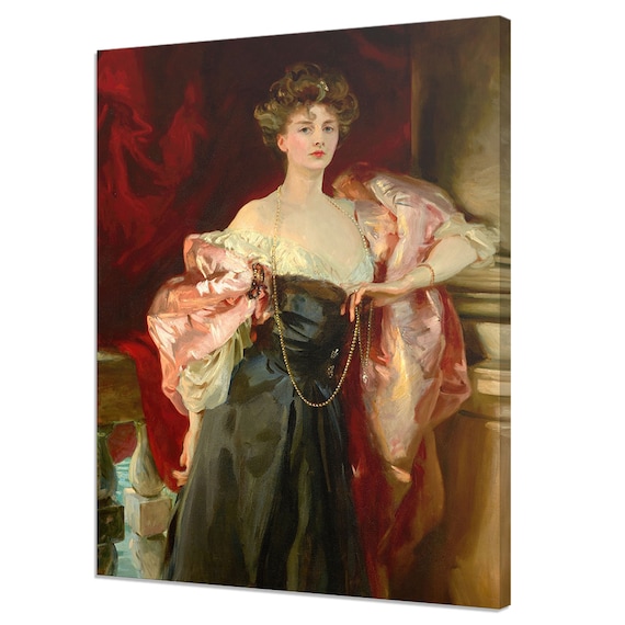 Edwardian Lady Dark Gown Pink Shawl Pearls Red Drape Elegant Portrait Print