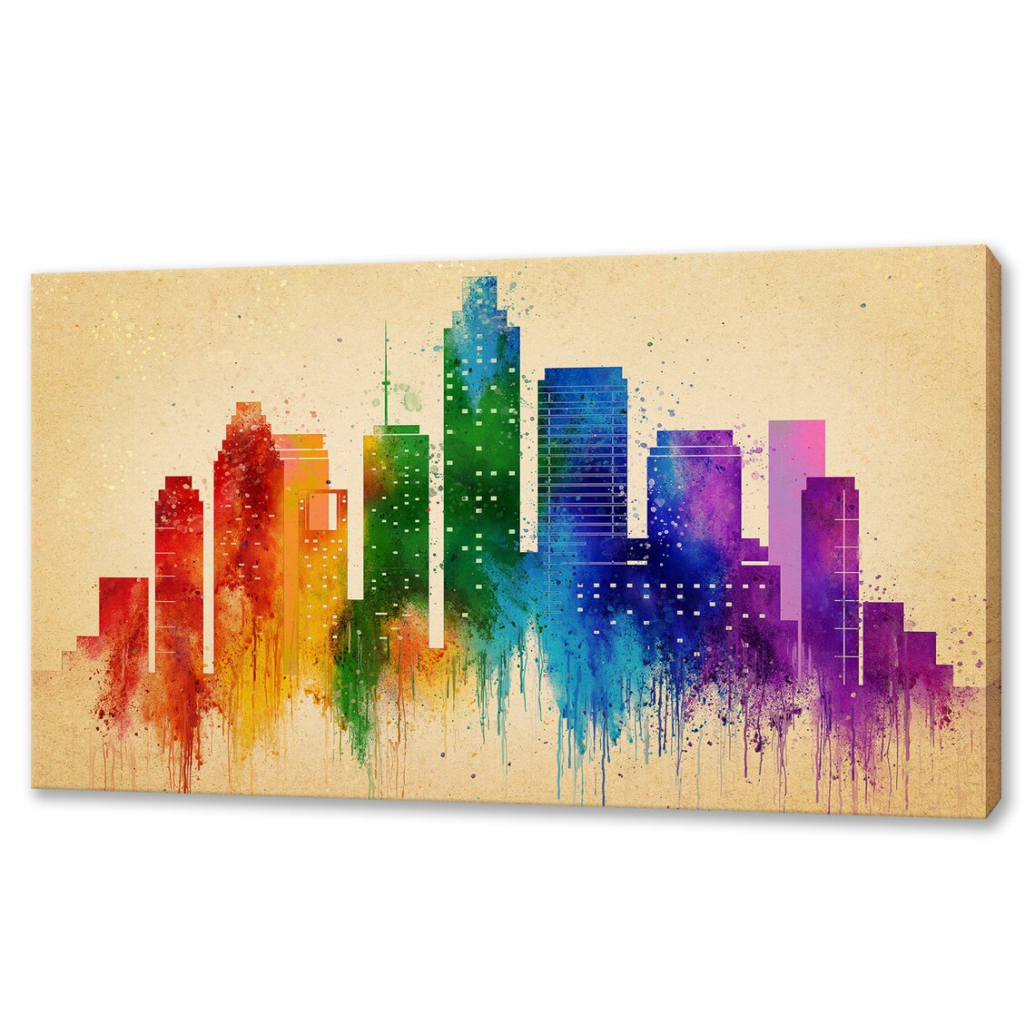 Houston Texas Skyline Rainbow Watercolor Cityscape Travel Poster