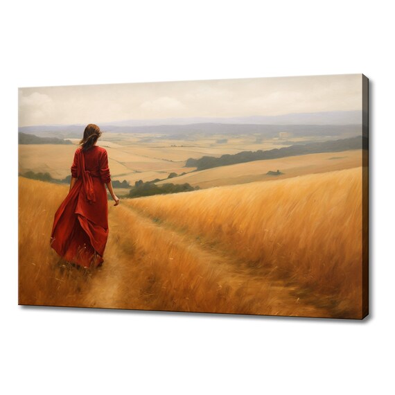 Woman in Red Dress Golden Wheat Field Vintage Painting Countryside Wall Art