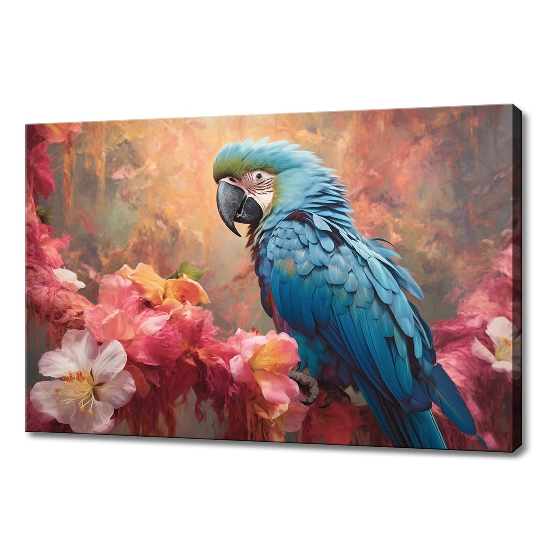 Blue Gold Macaw Parrot Pink Blossom Branch Warm Sunset Art Poster