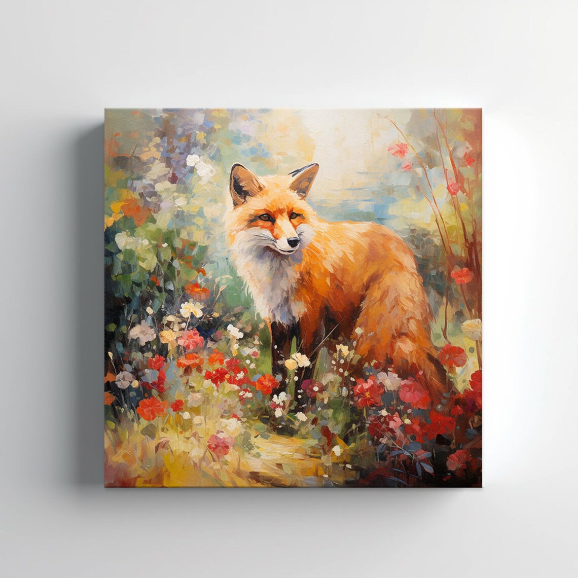 Red Fox Standing In A Colorful Flower Garden Painting Poster - Image 3