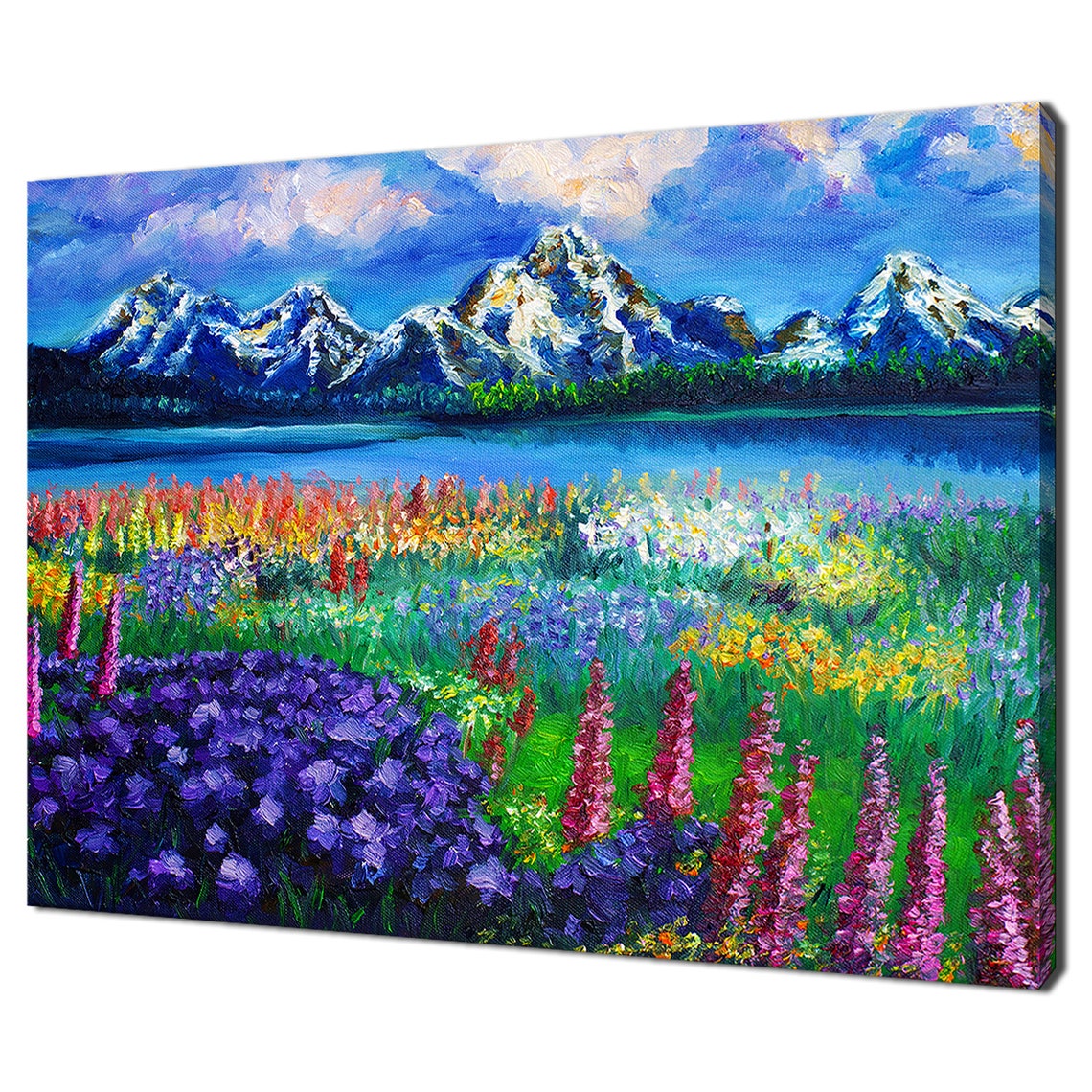 Colorful Wildflower Meadow Lake Snow Mountains Impressionist Art Print