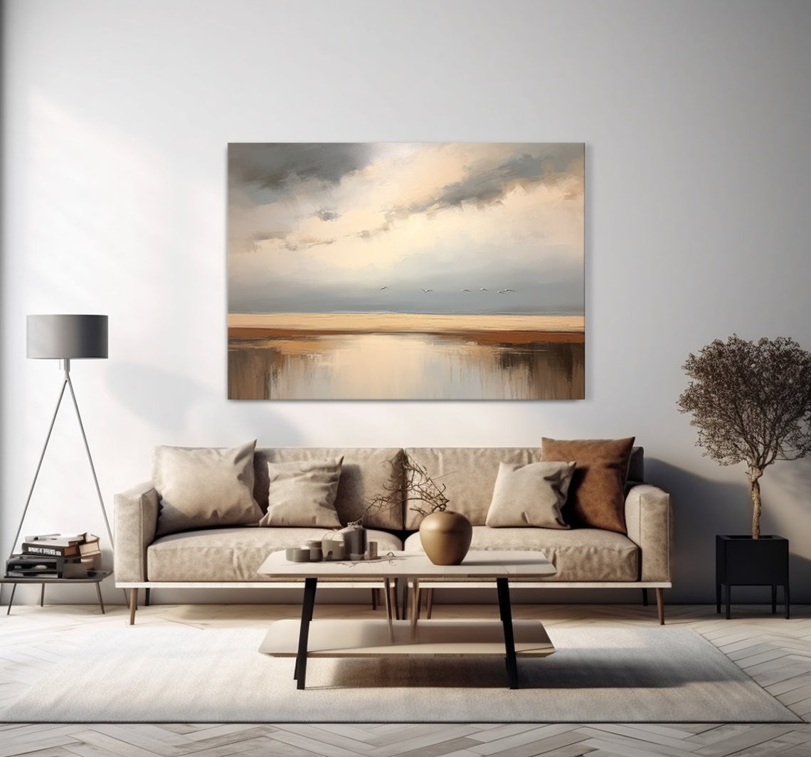 Minimalist Beach Seascape With Birds Soft Gray Clouds Art Poster - Image 4