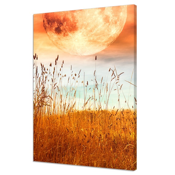 Full Fiery Moon Over Grass Field Landscape Modern Design Home Decor Print Wall Art Picture