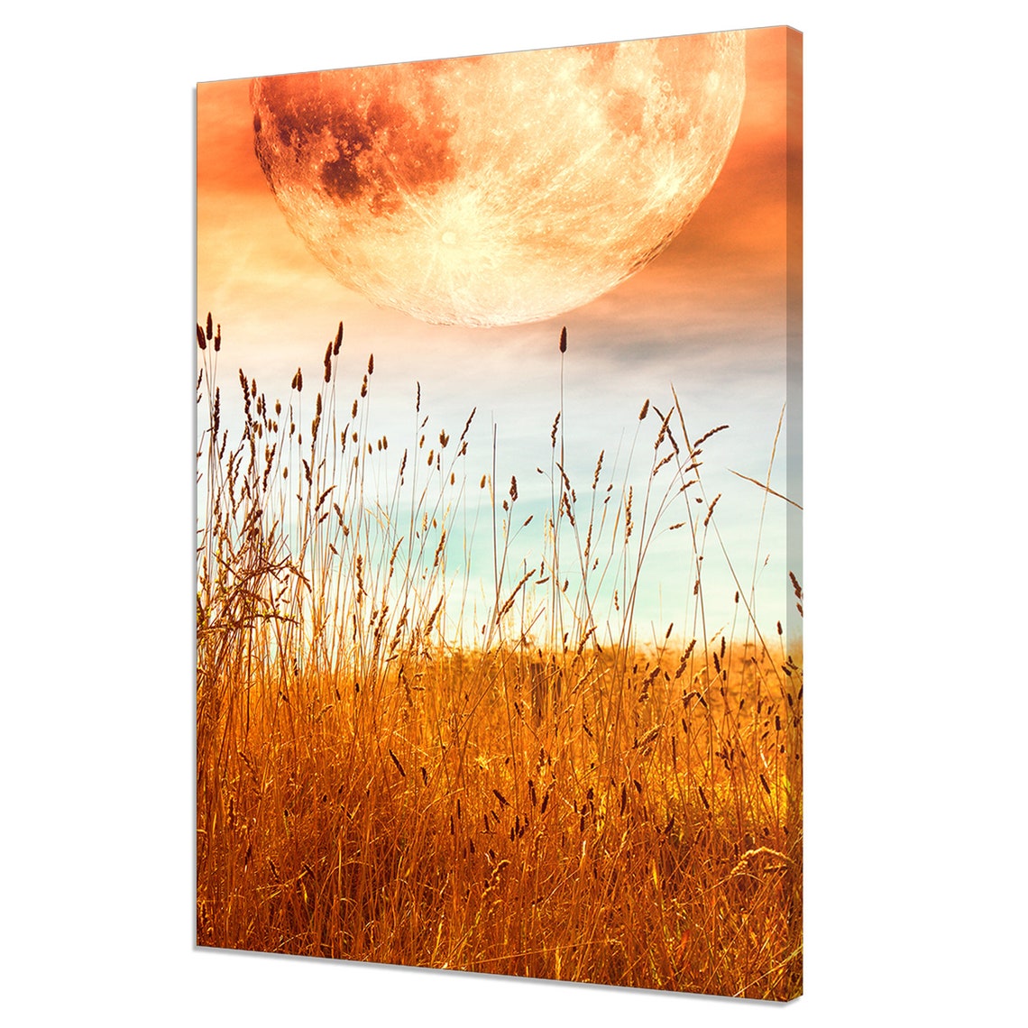 Giant Amber Full Moon Over Golden Wheat Field Landscape Poster