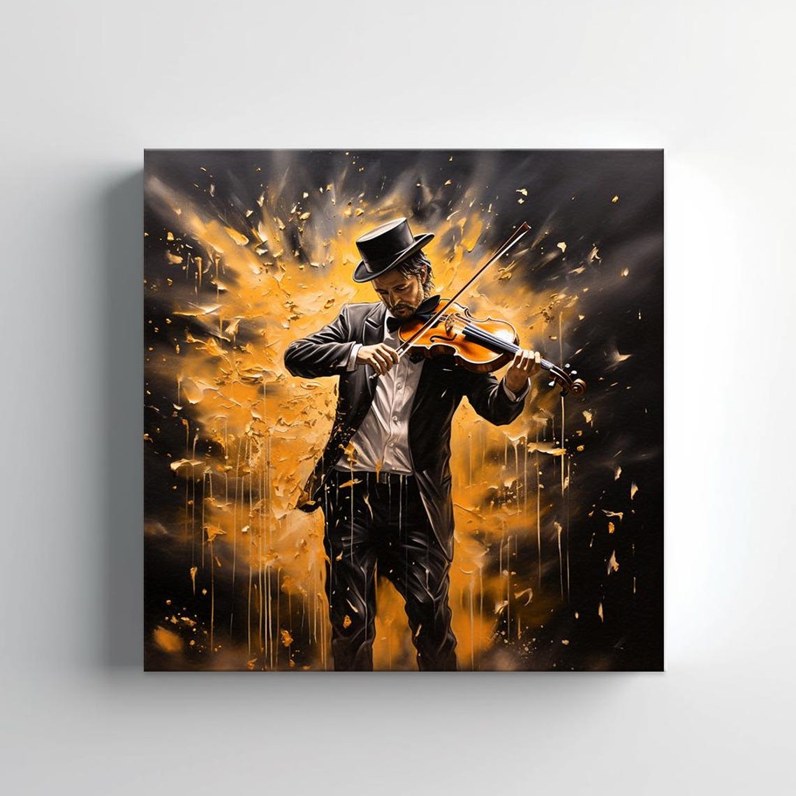 Top Hat Violinist Standing Gold Splash Classical Music Wall Art - Image 2