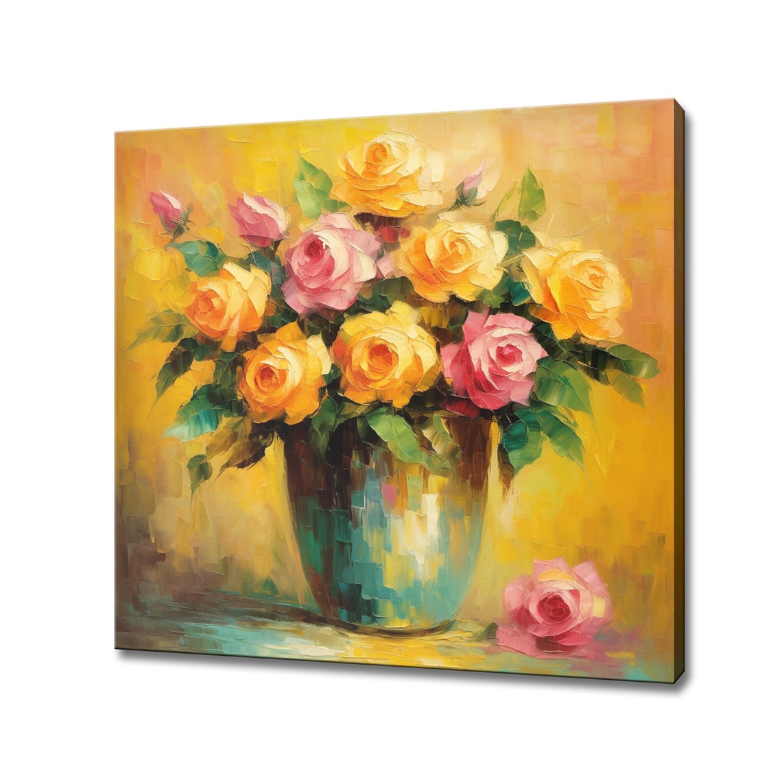 Yellow Pink Bouquet Of Roses Flowers Oil Painting Style Print Wall Art Modern Floral Design Home Decor Botanical Flowers Wall Art