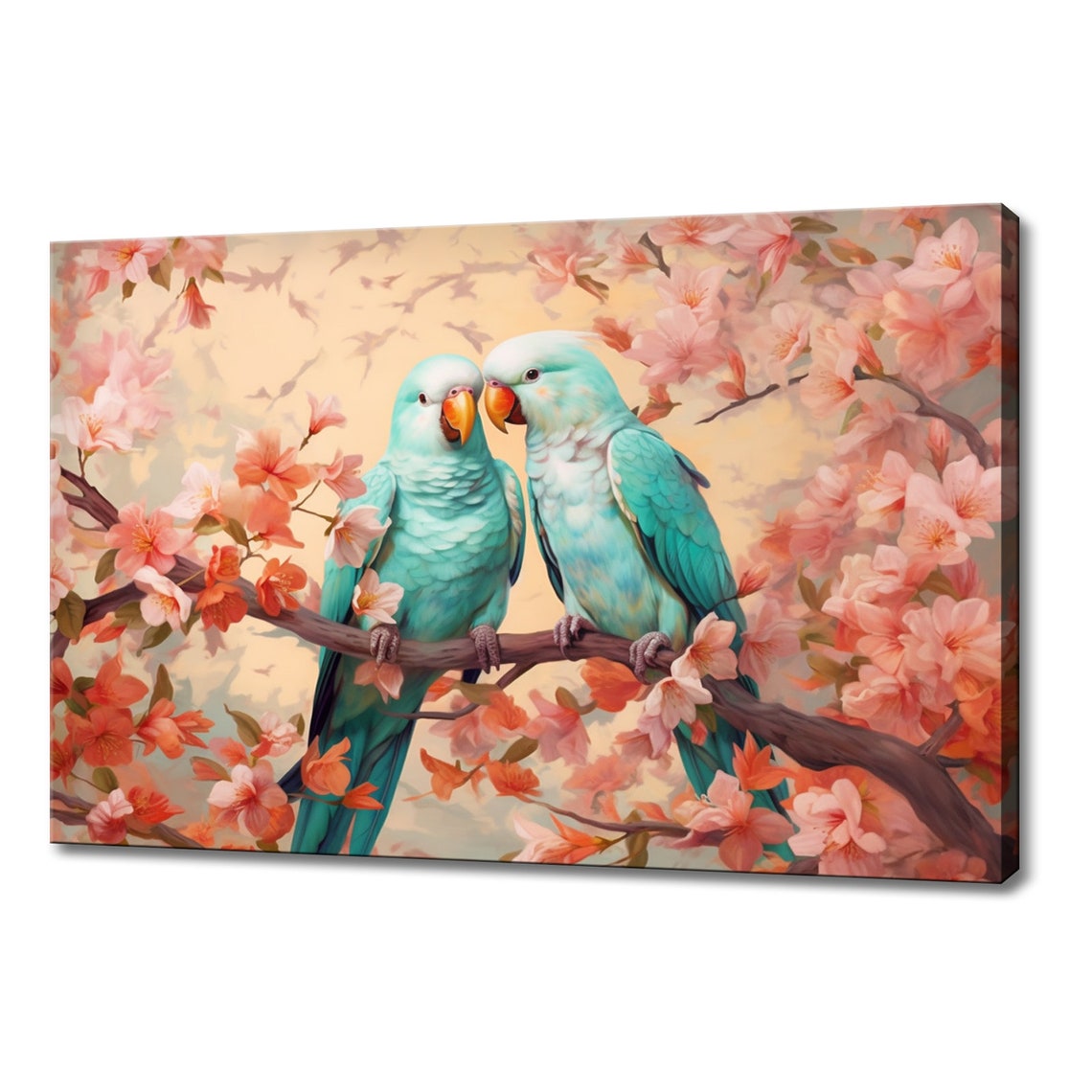 Two Mint Green Parrots Beak To Beak On Blossom Branch Love Bird Poster