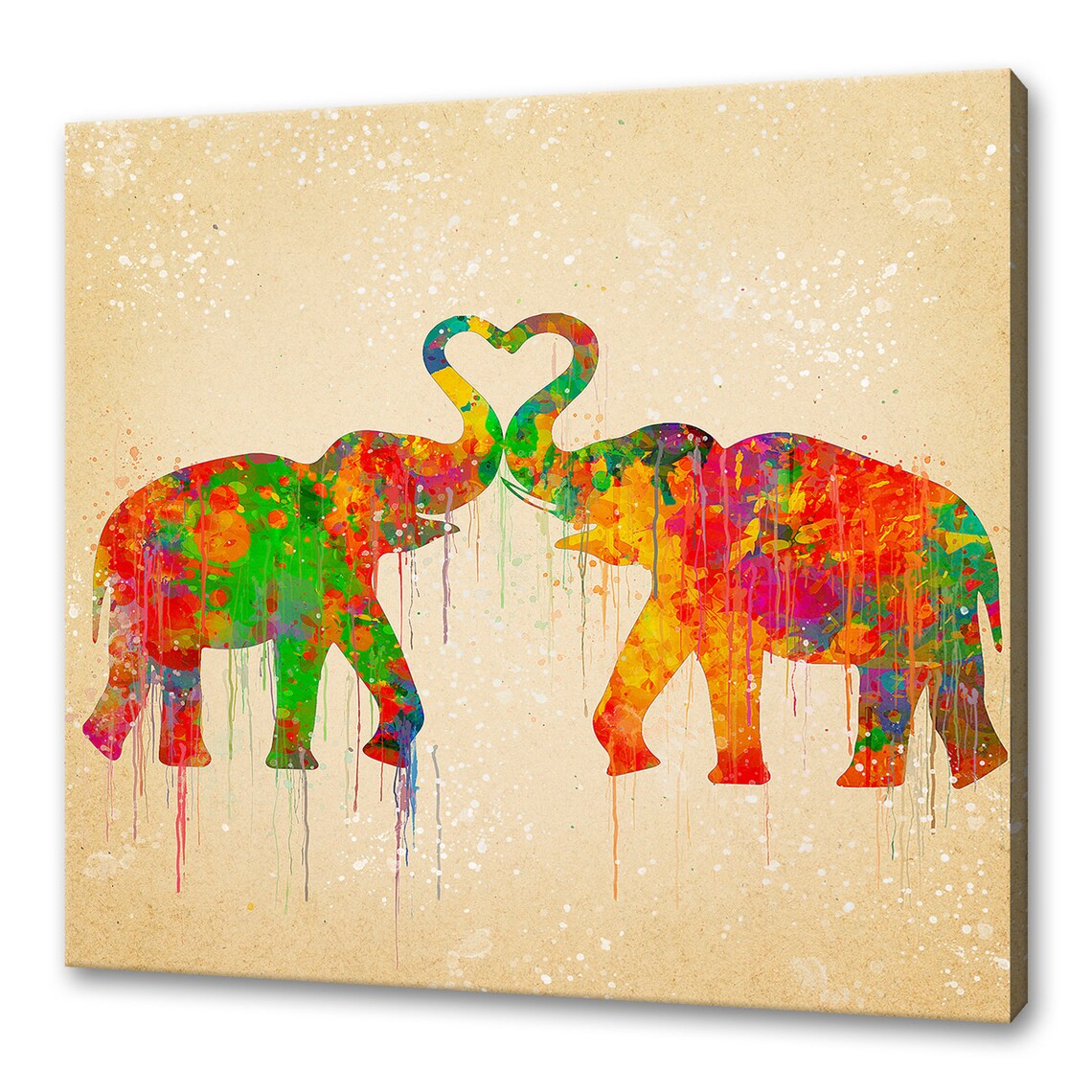 Elephants In Love Heart Trunks Colourful Watercolour Splatter Wall Poster
