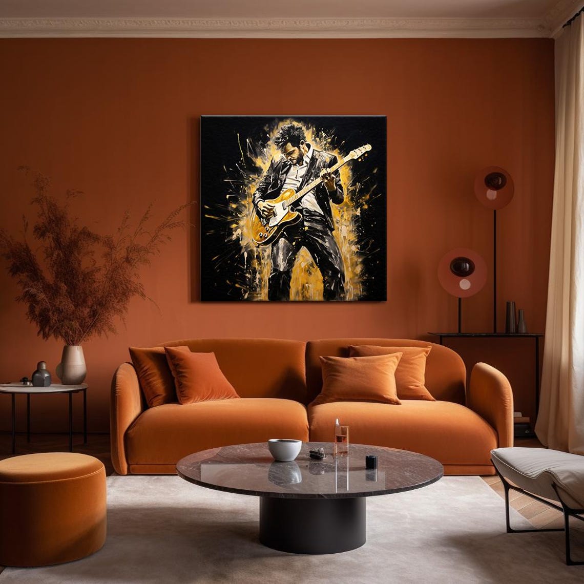 Electric Guitar Player In Suit Black Gold Splash Rock Music Poster - Image 4