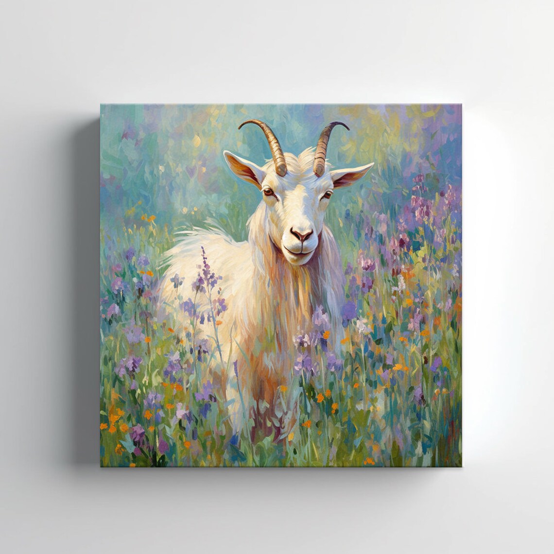 White Goat In A Wildflower Meadow Oil Painting Animal Poster - Image 3