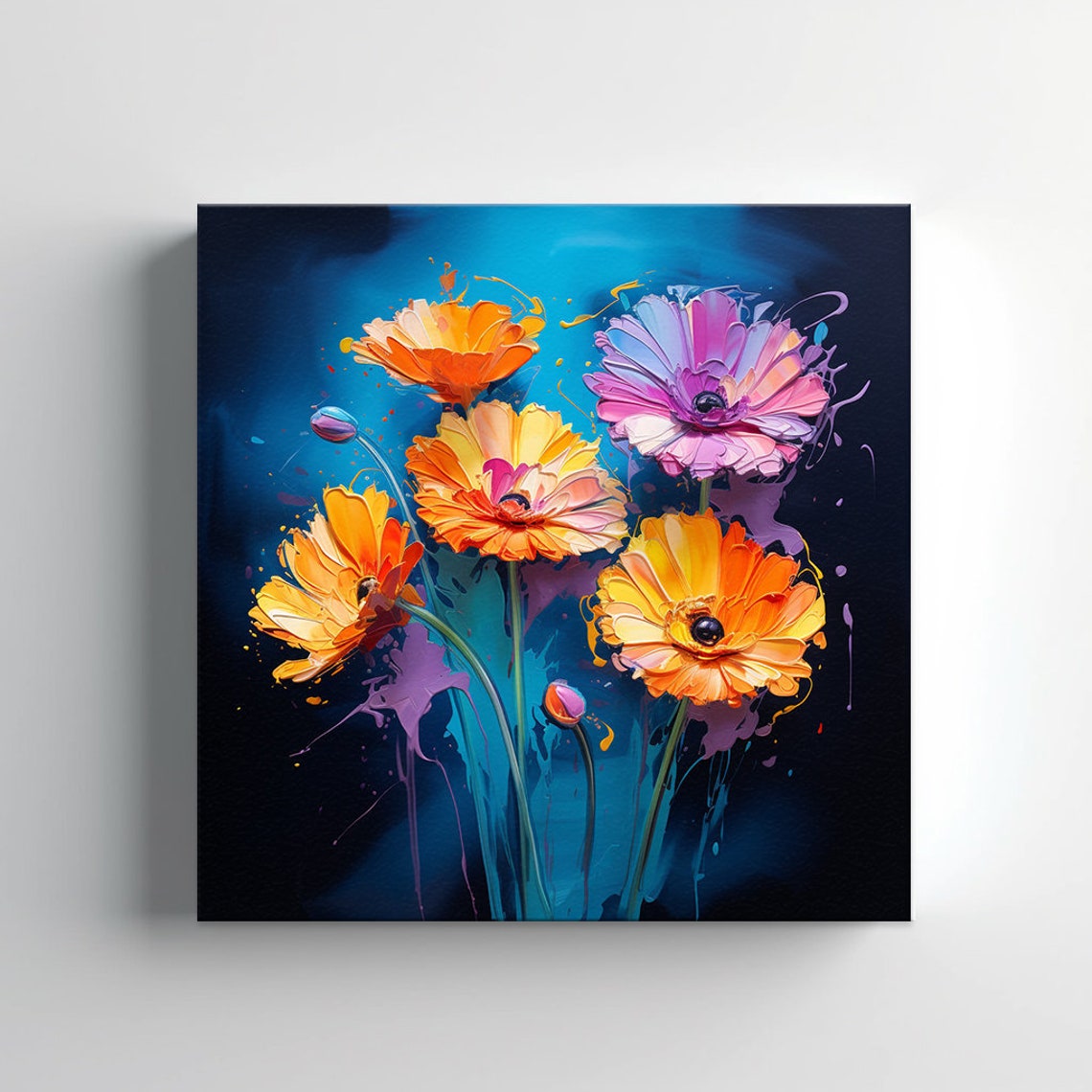 Orange Calendula Flowers Paint Splash Deep Blue Background Art Poster - Image 2