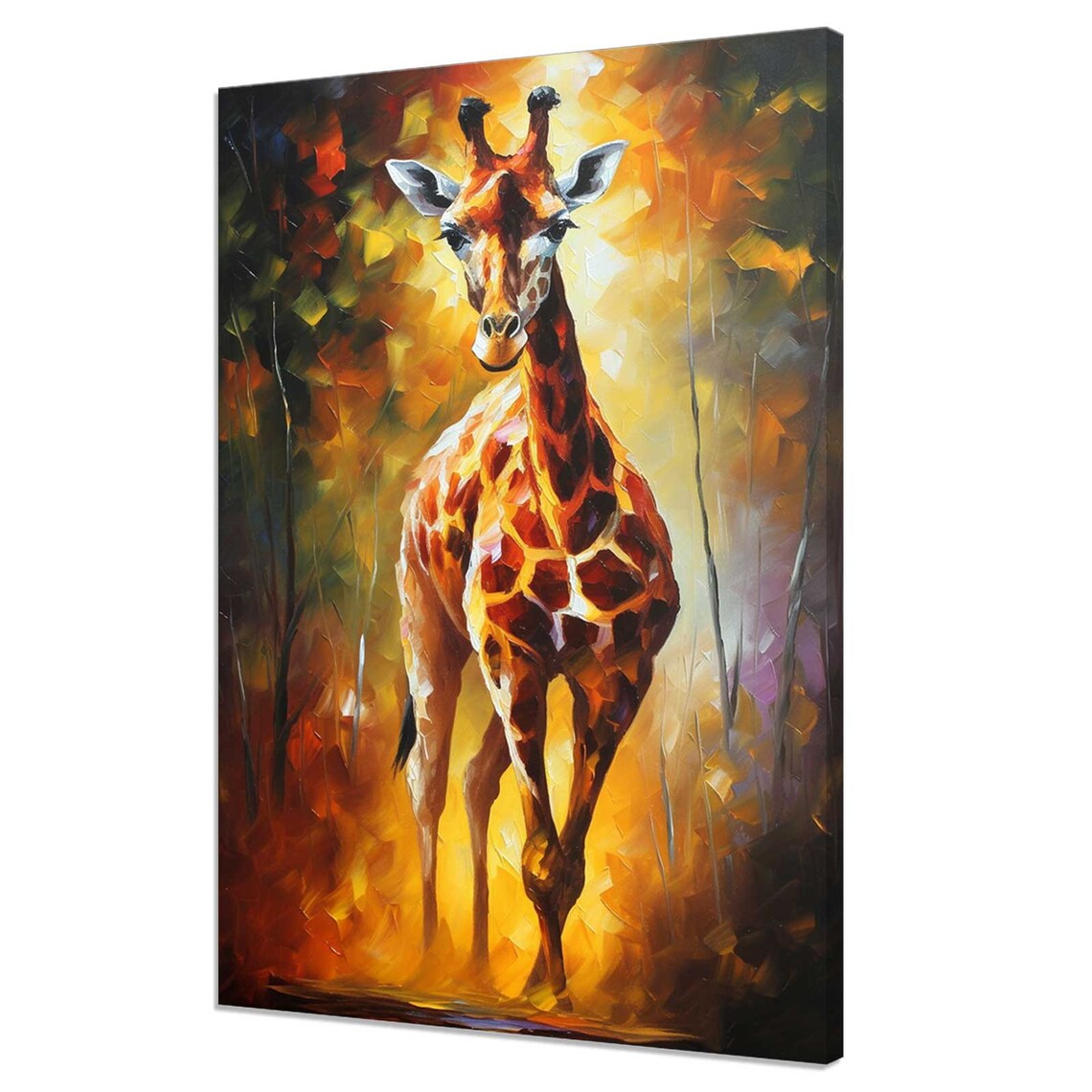 Colorful Giraffe Oil Painting Warm Orange Forest Wildlife Art Wall Print