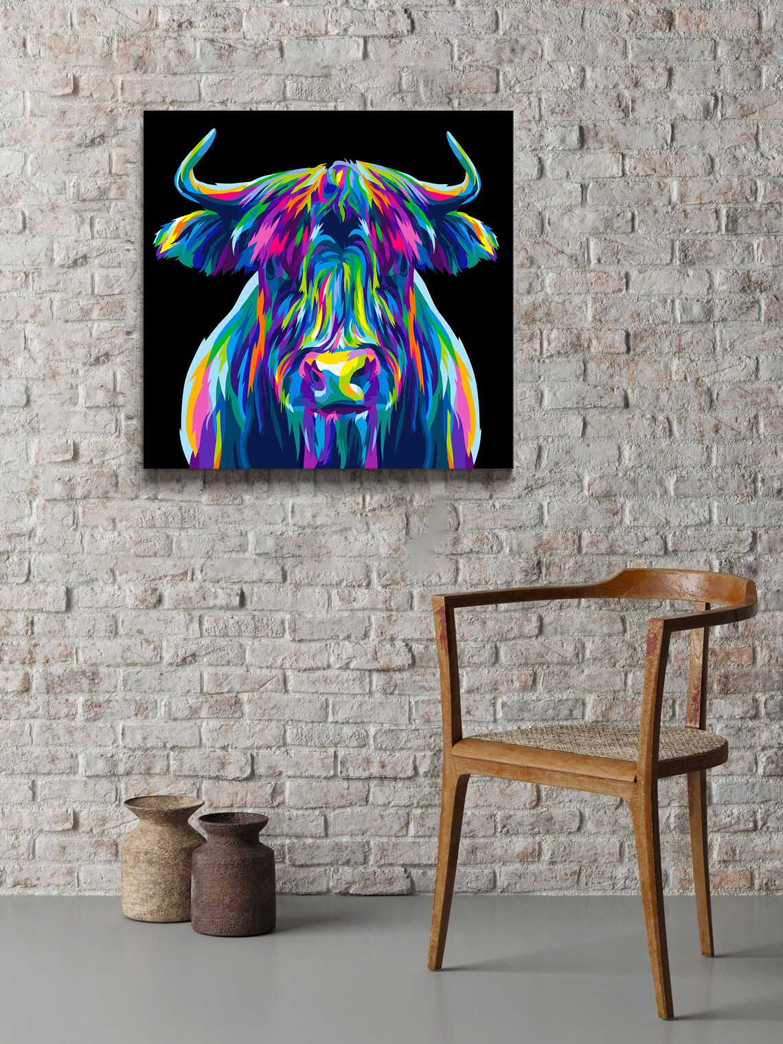 Colorful Highland Cow Neon Portrait Black Background Animal Poster - Image 2