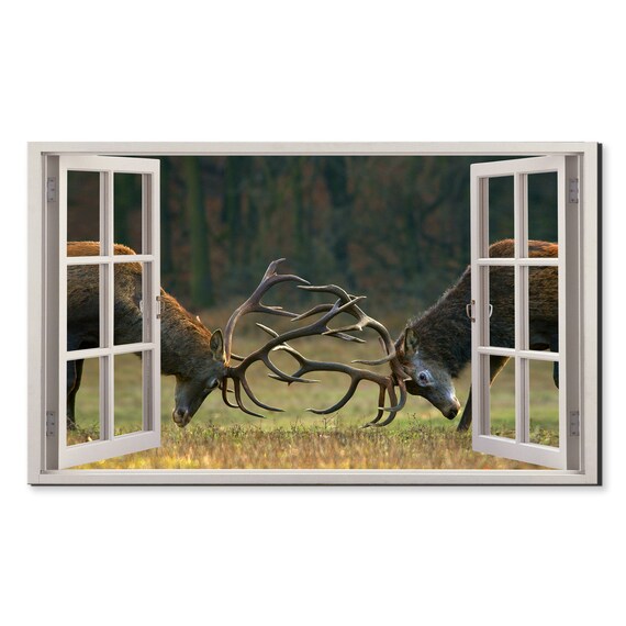 Red Deer Stags Fighting Locked Antlers Window View Wildlife Poster