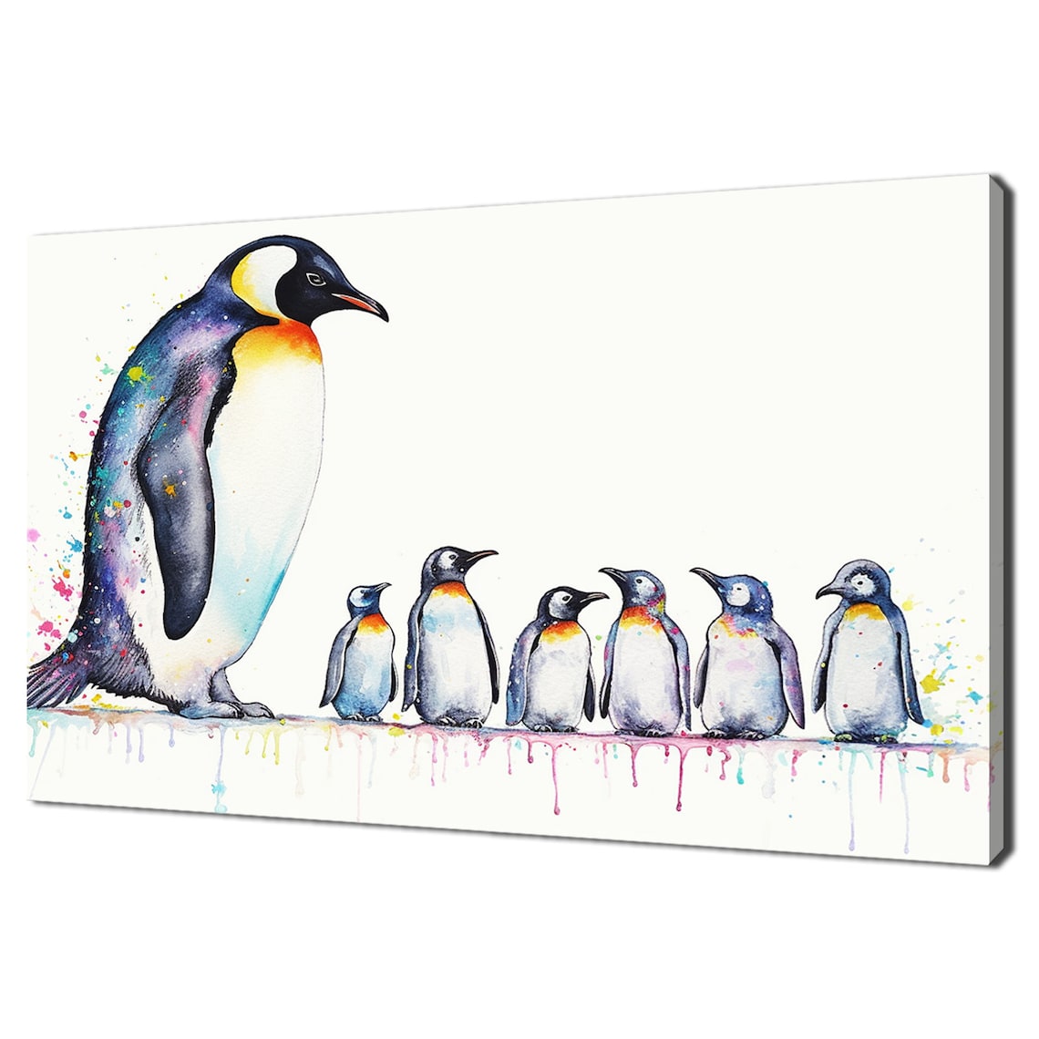 Mother Penguin with Six Babies Watercolor Penguin Family Kids Poster