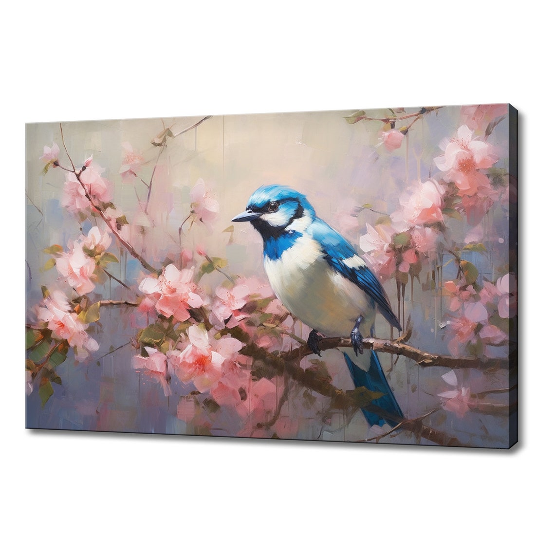Crested Blue White Jay Bird Cherry Blossom Branch Light Art Poster