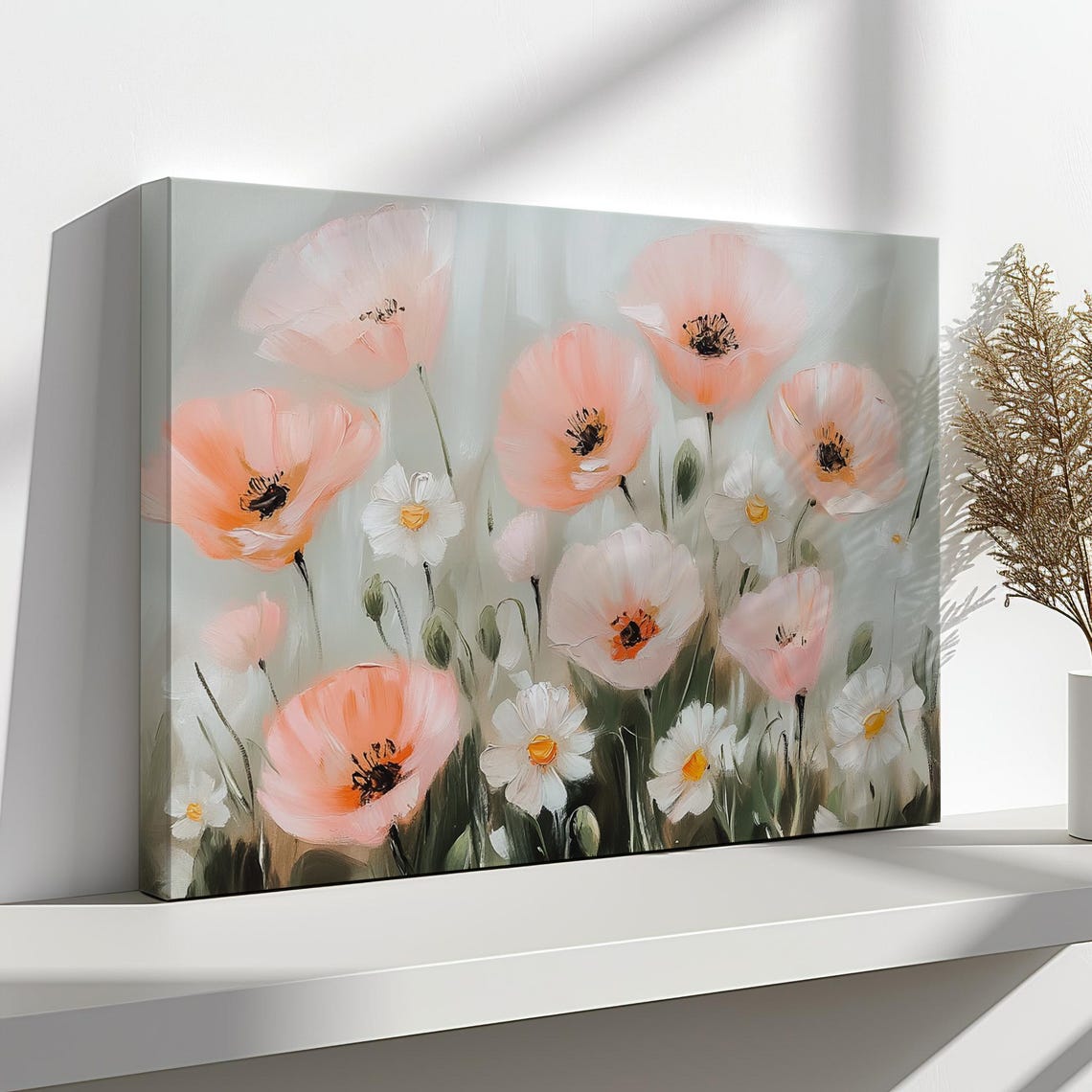 Peach Poppies And White Daisies Soft Oil Painting Floral Print - Image 4