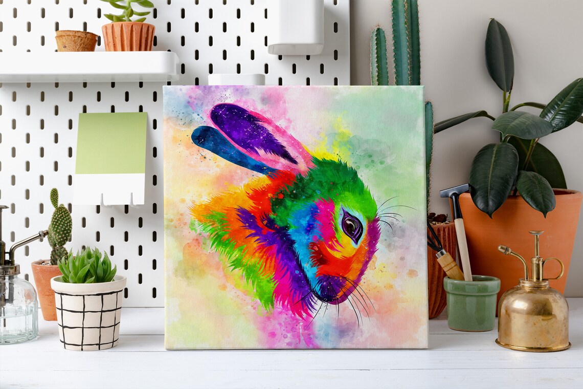 Cute Rabbit Bunny Head Rainbow Watercolour Colourful Pet Animal Art Poster - Image 2