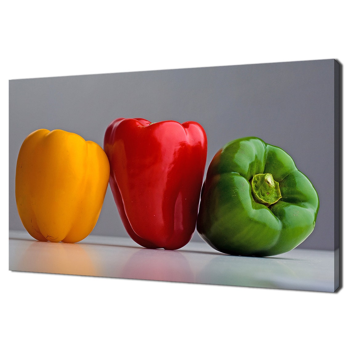Yellow Red Green Bell Peppers Row Gray Background Kitchen Art Print