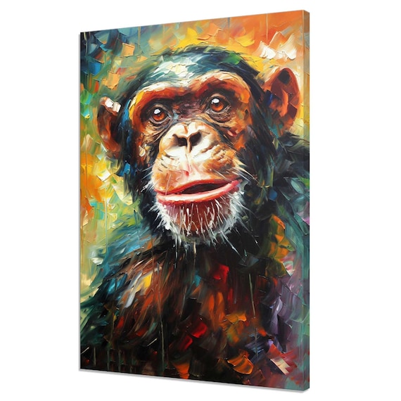 Colorful Chimpanzee Portrait Bold Oil Painting Style Animal Wall Art