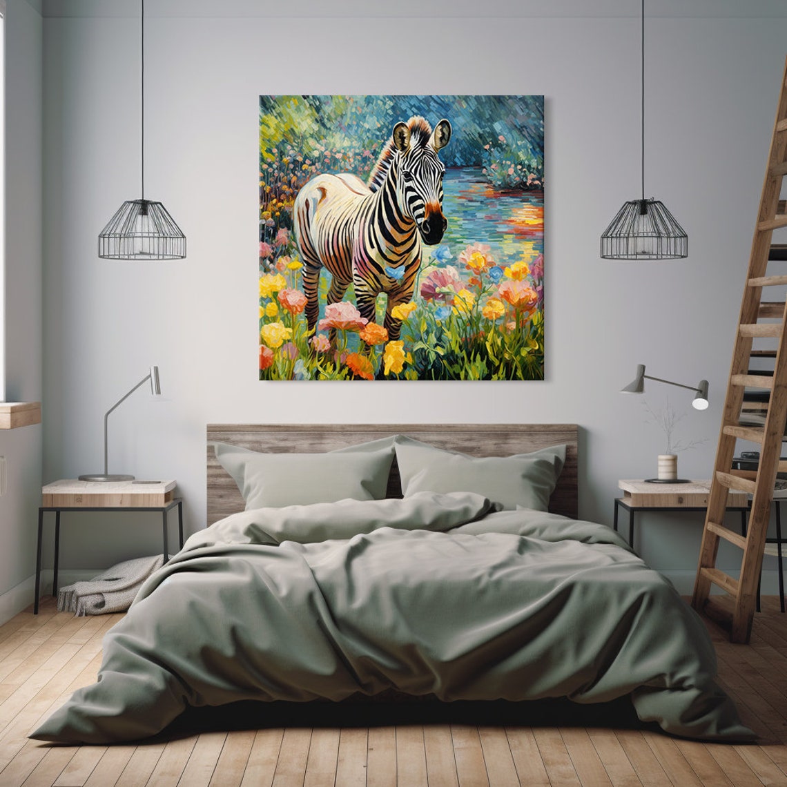 Zebra In Colorful Flower Meadow By Pond Whimsical Painting Wall Art - Image 3