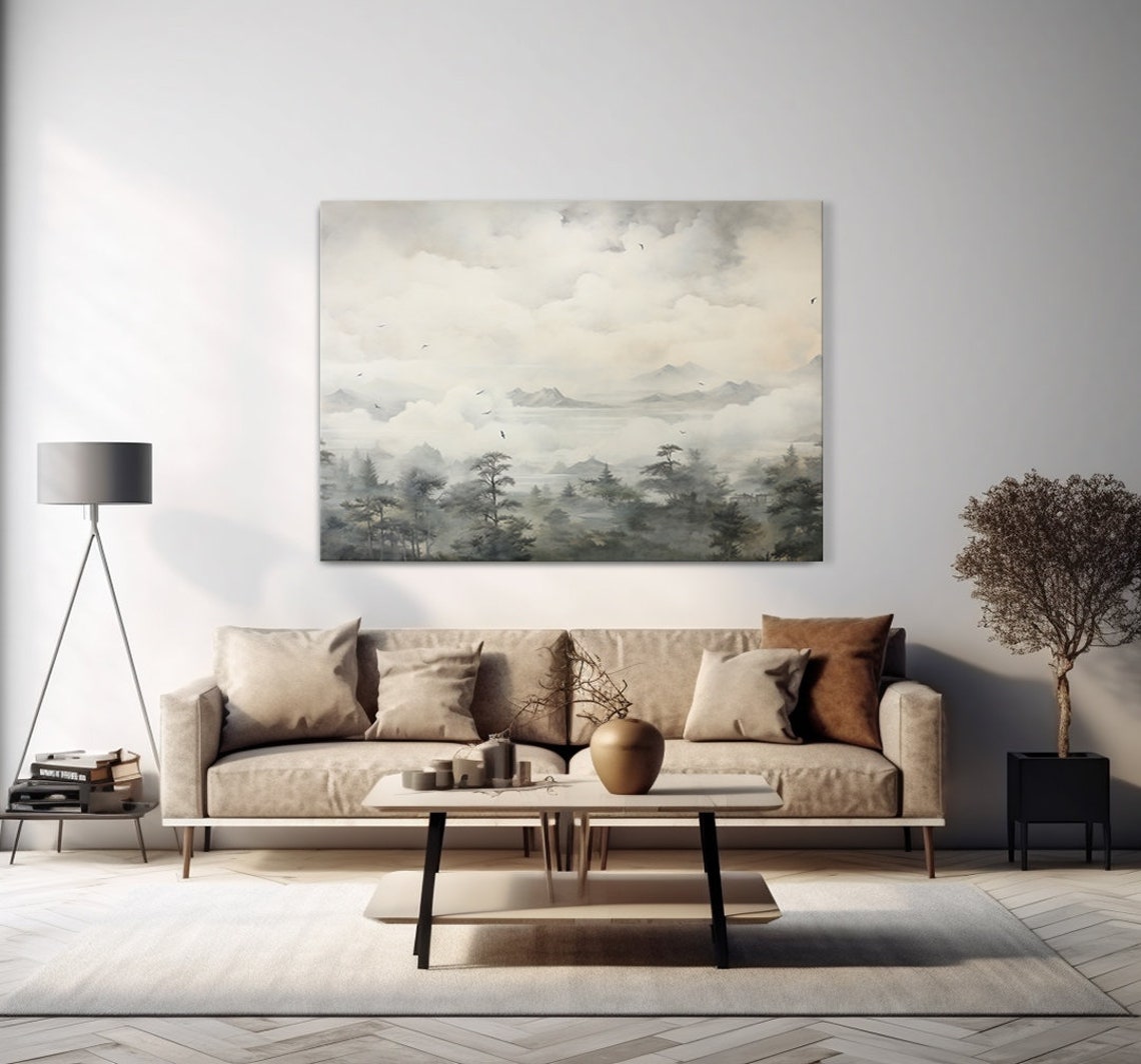 Misty Ink Mountains With Birds And Pine Trees Asian Landscape Poster - Image 4