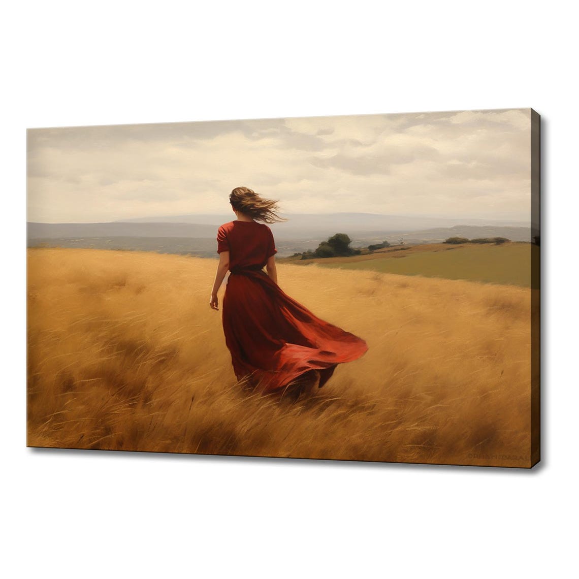 Woman In Red Dress Walking Golden Wheat Field Wind Vintage Art Poster