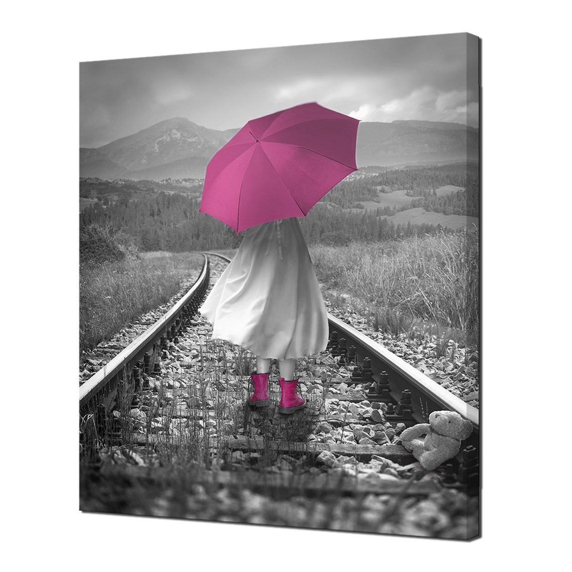 Girl With Pink Umbrella On Railway Tracks Selective Color Art Poster