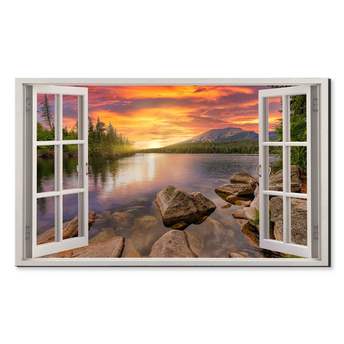 Sunset Over The Lake Tatra Mountains Window View Window Frame Style Modern Design Home Decor Print Wall Art Picture Ready To Hang