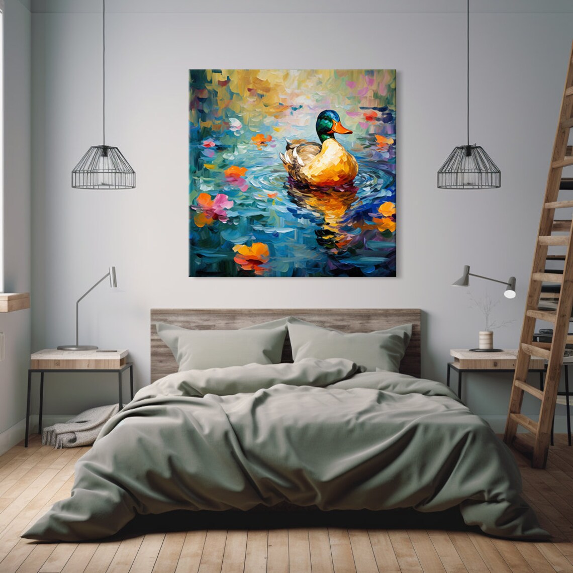 Mallard Drake Swimming Among Pink Water Lilies Painting Poster - Image 2