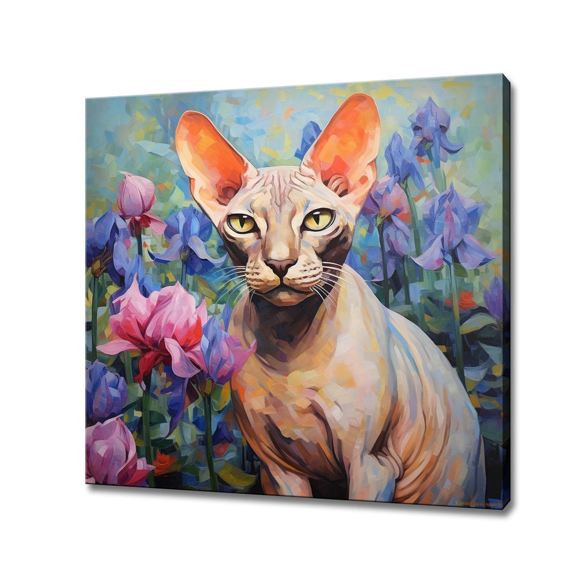 Sphynx Cat Purple Iris Flowers Colourful Pet Portrait Elegant Wall Art