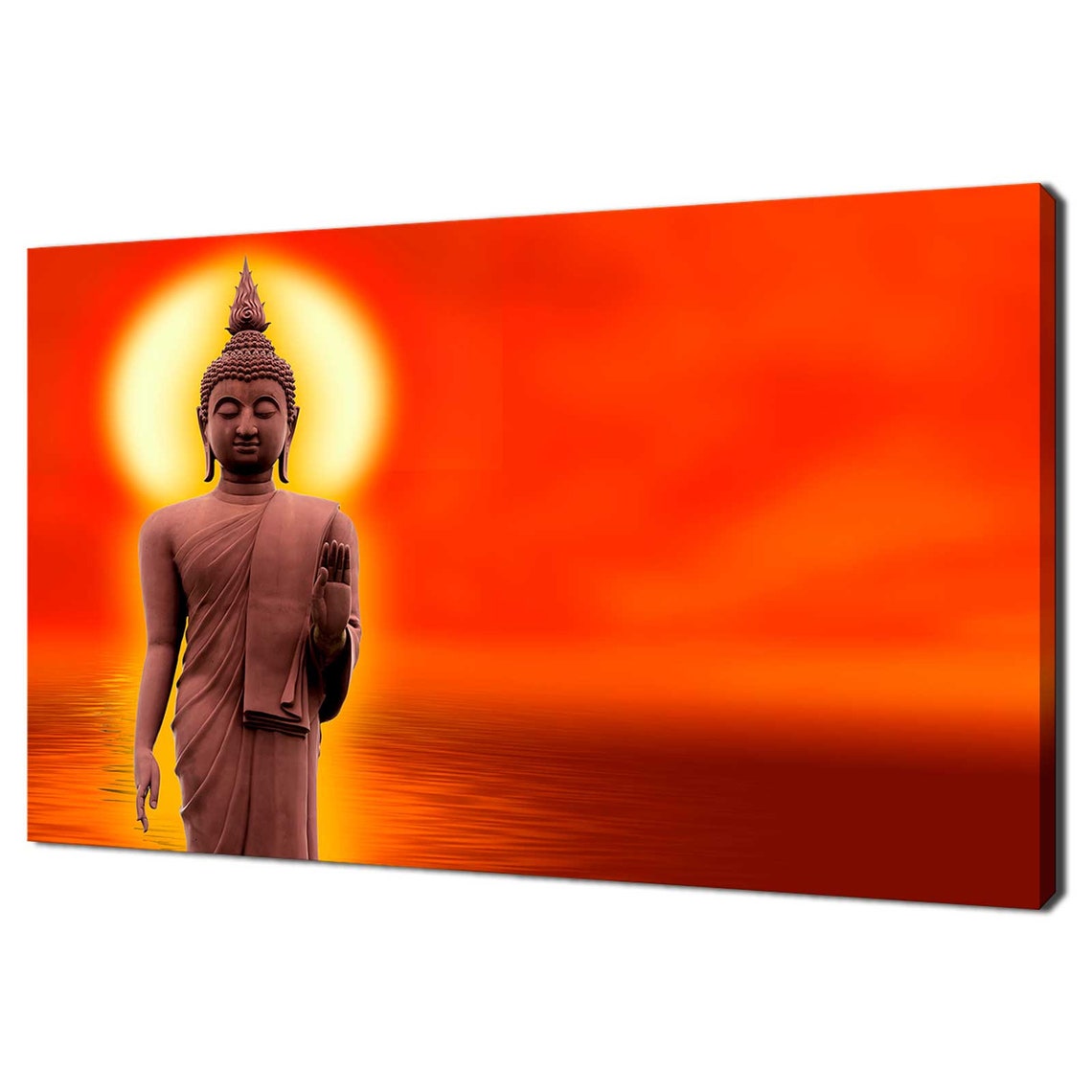 Standing Buddha Statue Red Sunset Halo Spiritual Zen Art Poster
