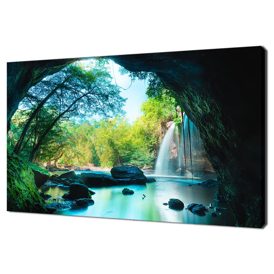 Thailand Waterfall Cave Lush Forest Turquoise Pool Travel Poster