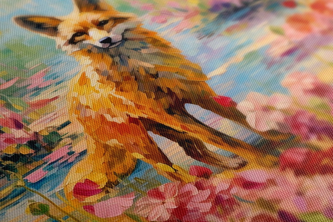 Red Fox Lakeside Pink Wildflowers Impressionist Wildlife Art Print - Image 4