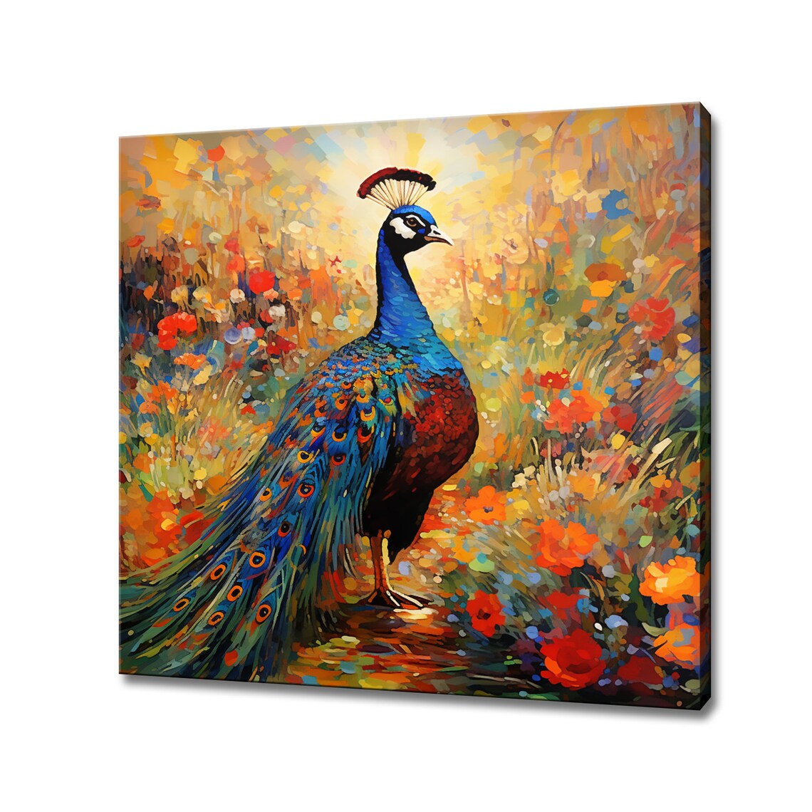 Vibrant Peacock In Golden Flower Meadow Colorful Bird Painting Poster