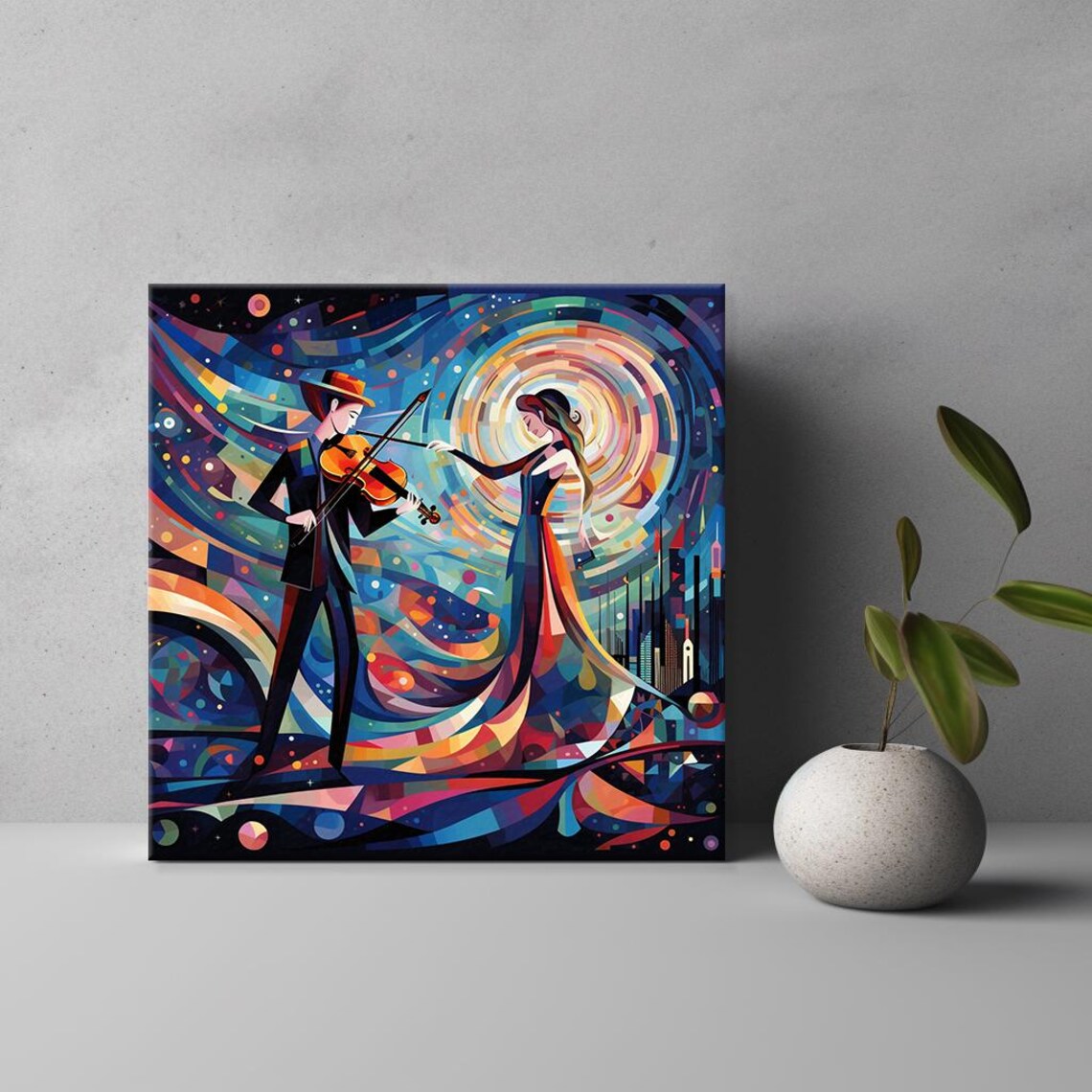 Violinist Musical Couple Colorful Abstract Night City Art Poster - Image 3