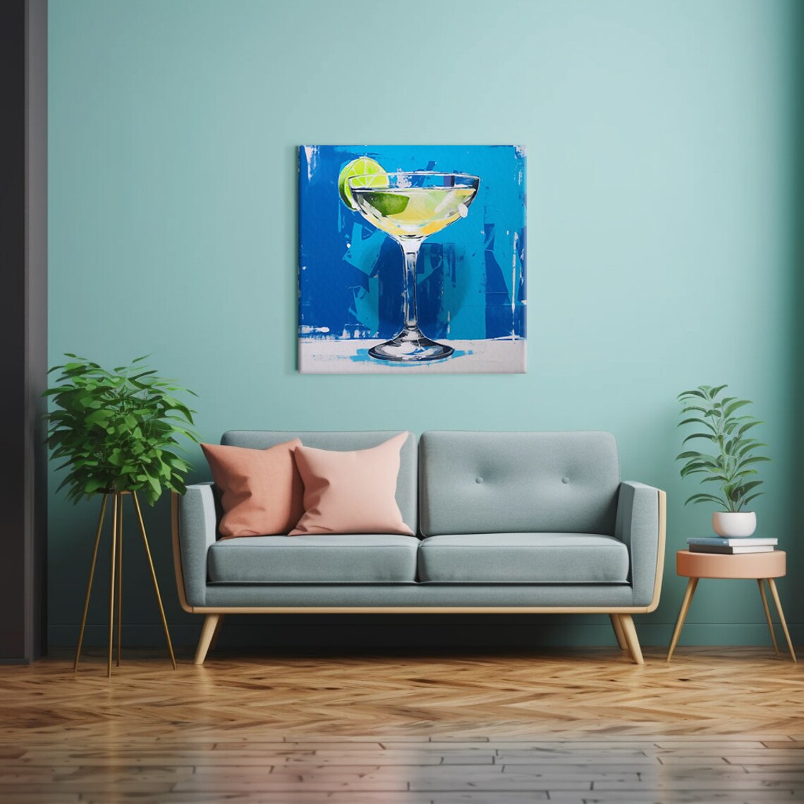 Fresh Lime Citrus Cocktail Coupe Glass Blue Background Wall Print - Image 2