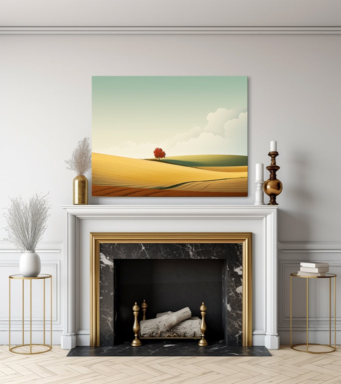 Lone Red Tree Golden Wheat Field Hills Minimalist Landscape Art Poster - Image 3