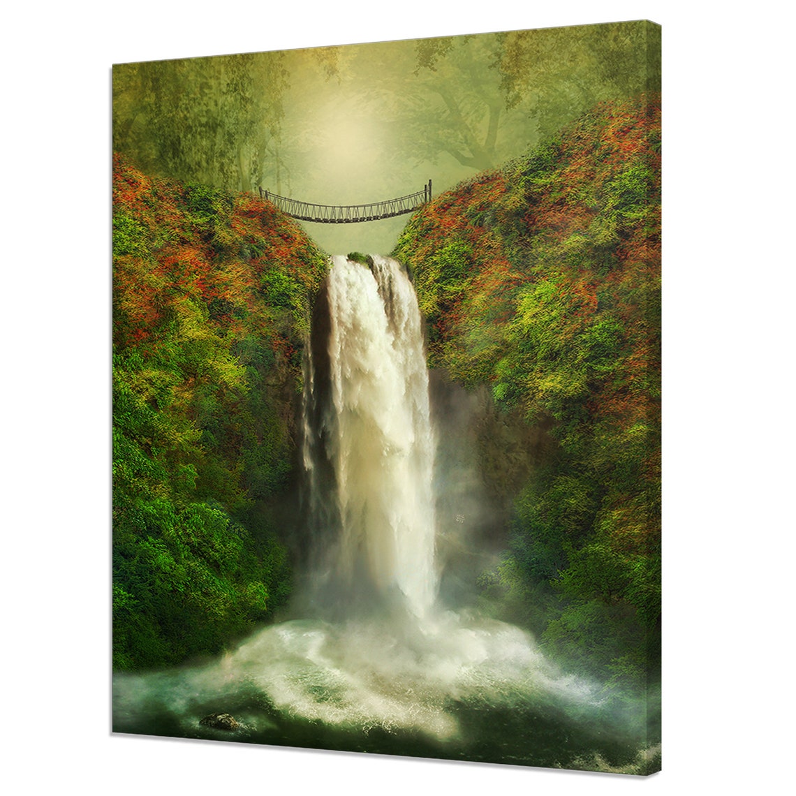 Bridge Over The Waterfall In The Green Forest Modern Design Print Home Decor Wall Art Wall Hanging Picture