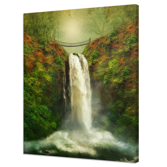 Bridge Over The Waterfall In The Green Forest Modern Design Print Home Decor Wall Art Wall Hanging Picture