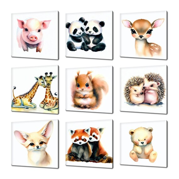 Cute Baby Animals Nine Panel Piglet Panda Giraffe Nursery Art Print
