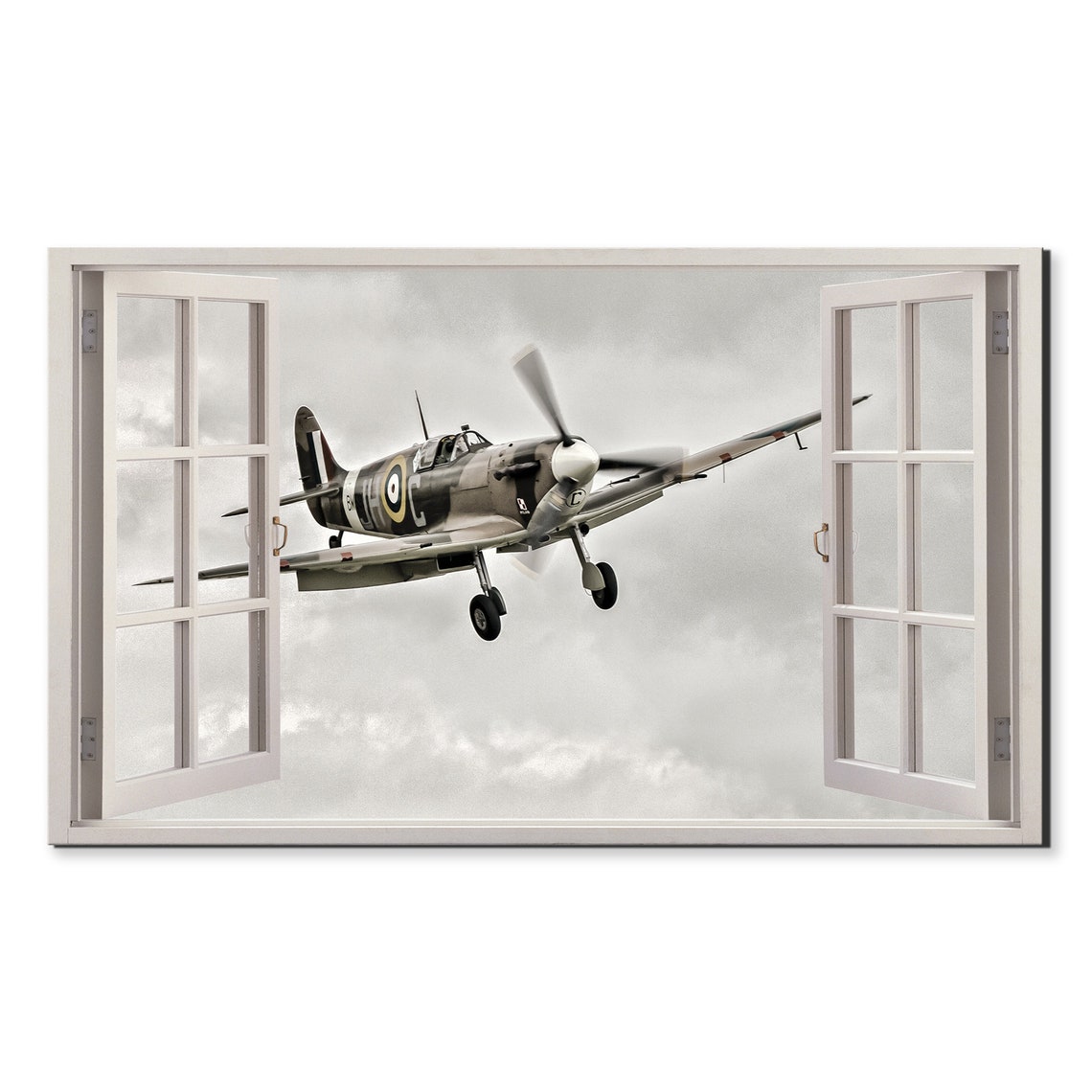 Supermarine Spitfire Fighter Plane Flying Clouds Open Window Poster